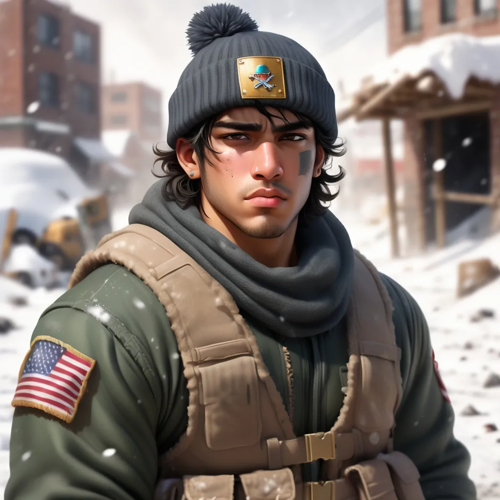 Prompt: illustration of a burly, Hispanic young-adult male wastelander against an out-of-focus snowy sandbag barricade. He wears military gear and a beanie. He has a gold lip piercing. Post-apocalypse setting