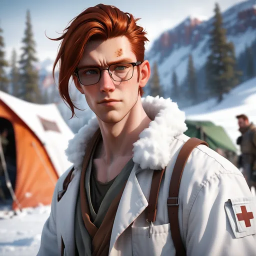 Prompt: illustration of a young adult male wastelander doctor against an out-of-focus snowy medic's tent. His wild auburn hair is partial tied back in a bun. His horn-rimmed glasses are crack on one lens. His pale skin is freckled. Post-apocalypse setting. 