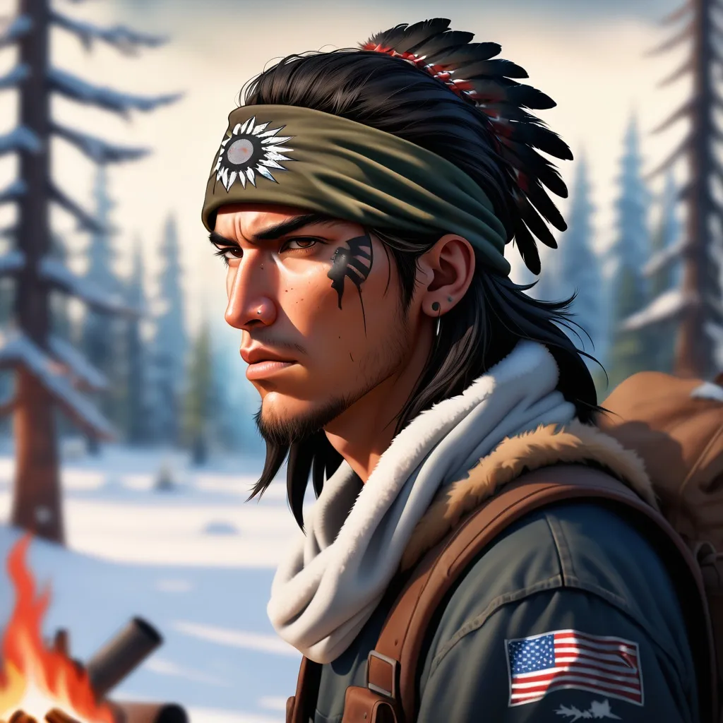 Prompt: illustration of a young adult male Native American wastelander sniper against an out-of-focus snowy forest background, a campfire nearby. Strands of hair escape from his old trucker hat. He wears a camo bandana around his neck. Post-apocalypse setting