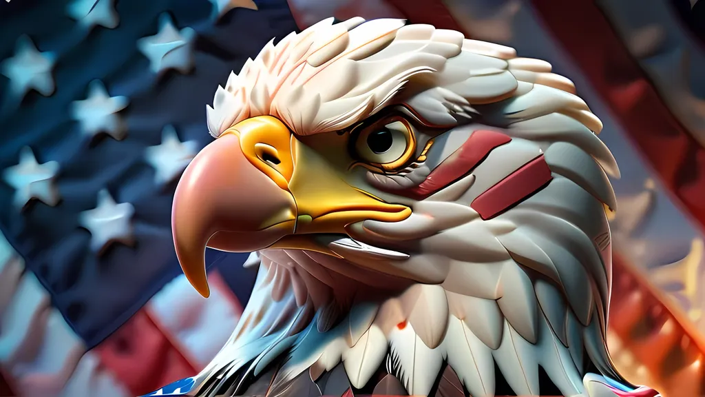 Prompt: a bald eagle that looks like President Donald Trump, American flag background, 3D blender render, high poly, modular constructivism, pop surrealism, physically based rendering, pastel colors, soft lighting, square image, high quality