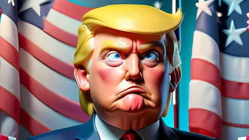 Prompt: President Donald Trump, American flag background, 3D blender render, high poly, modular constructivism, pop surrealism, physically based rendering, pastel colors, soft lighting, square image, high quality