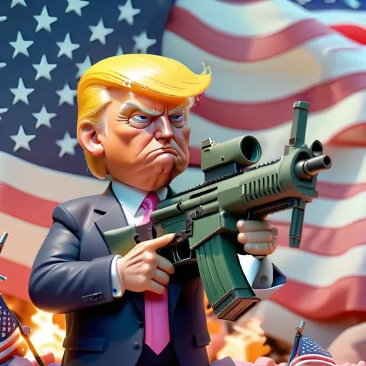 Prompt: President Donald Trump holding a machinegun, American flag background, 3D blender render, high poly, modular constructivism, pop surrealism, physically based rendering, pastel colors, soft lighting, square image, high quality