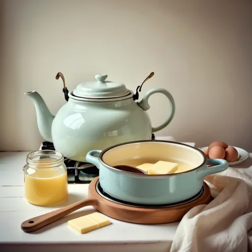 Prompt: stove top, tea pot stiring wooden spoon melting butter  vintage soft and pastel looks
