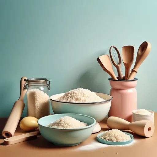 Prompt: vintage illustration, pastel colors, baking tools in kitchen geettig ready to make rice crispie squartes 
 the title page for the cookbook snap crcke create 