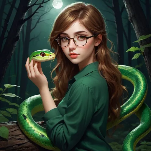 Prompt: 23-year-old Pisces girl who likes a green snake in the dark wood forest under the moonlight. gold brown hair & wearing glasses. Looks very smart. 