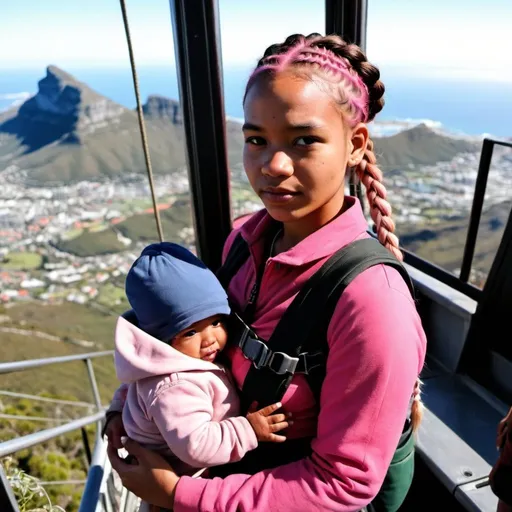 Prompt: A young Khoisan woman with a waist-to-hip ratio of 0.6, with pink Dutch braids,standing in a cable car on the way to the top of Table Mountain, holding a Bantu baby