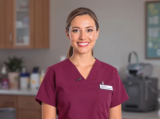 Prompt: Tessa is a professional, friendly adult female medical assistant in her early 30s. She has a calm, confident presence and an approachable instructor-style demeanor. Her facial features are realistic and natural, with a warm smile that feels trustworthy and welcoming to students.

She wears burgundy medical scrubs with a modern, fitted but professional cut. Her scrubs are clean and pressed, appropriate for a clinical setting. She may wear a simple name badge that reads “Tessa – Medical Assistant.”

Tessa has neat, professional hair (pulled back or styled simply) and minimal makeup suitable for healthcare work. Her posture is confident and attentive, often standing or slightly angled as if explaining a procedure or guiding a patient.

Her personality comes across as patient, knowledgeable, and supportive, like a real instructor guiding students step by step through clinical skills.

Art style is semi-realistic 2D animated medical explainer style, not cartoonish, not anime, not hyper-realistic. Clean lines, soft shading, realistic proportions.

She is designed for medical training and educational videos, especially for CCMA or medical assistant instruction.