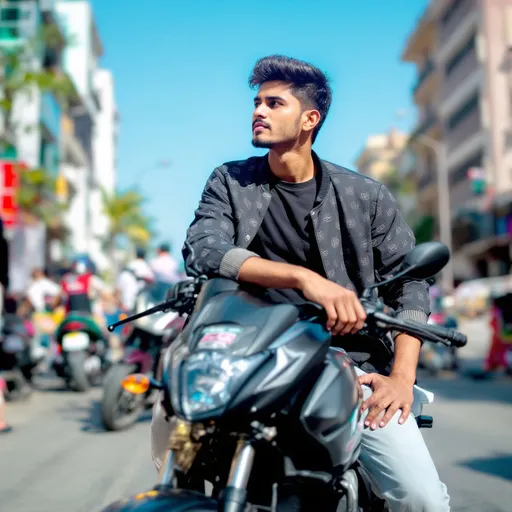 Prompt: A young man exudes a relaxed confidence as he sits on a sleek black motorcycle, donning a stylish jacket emblazoned with a repeated logo pattern over a simple black shirt. His casual attire is completed with light-colored tapered pants and flip-flops, adding a laid-back vibe to the scene. The backdrop features a bustling urban street, with other vehicles and a clear blue sky overhead, suggesting a bright and sunny day. The composition captures the dynamic interaction between the rider and his motorcycle, with his thoughtful gaze directed away from the camera, creating a sense of intrigue and adventure.