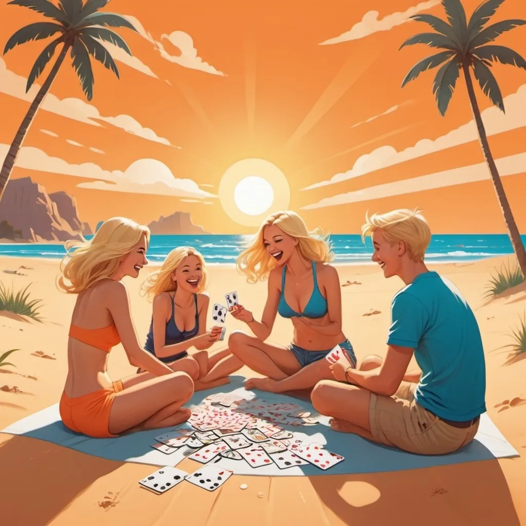 Prompt: Simple cartoon-style, humorous: 2 young blond women and 2 young blond men play cards on the beach. Make them less pretty
