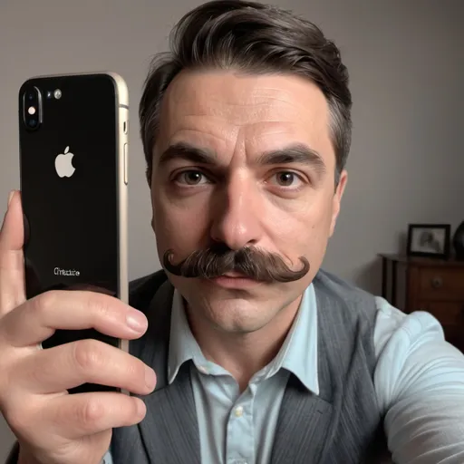 Prompt: a man with a mustache is taking a selfie with his phone camera and taking a picture of himself, Cristache Gheorghiu, aestheticism, vfx, a screenshot