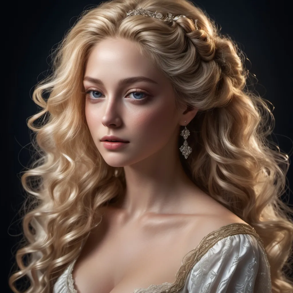 Prompt: (RAW photo, best quality, masterpiece, ultra-detailed, high res), (realistic),(extremely delicate and beautiful:1), mesmerizing portrait of a woman with her hair in a half up half down style, detailed features, reflecting lights, glimmering lights, expression of feelings, imaginative, highly detailed, extremely high-resolution details, photographic, realism pushed to extreme, fine texture, 4k, ultra-detailed, high quality, high contrast, wear 18 century dress, blond, curly hair