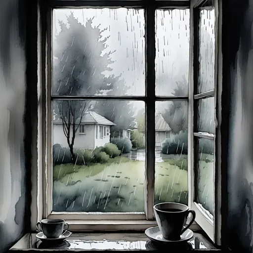 Prompt: looking out on a rainy day from the window in my door, sad and lonely watercolor old gray hues