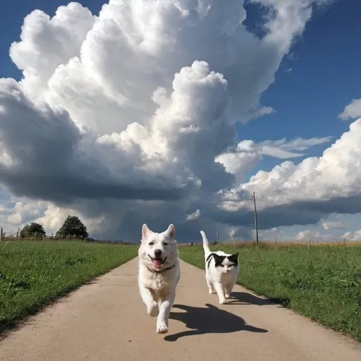 Prompt: The dog and cat run. And big clouds.