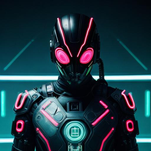 Prompt: Futuristic digital illustration of a hidden persona, cybernetic materials, glowing neon accents, intricate circuitry patterns, high-tech mask, shadowy and mysterious, ultra-detailed, futuristic, cyberpunk, cool tones, enigmatic lighting