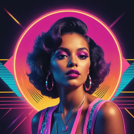 Prompt: (vibrant retro cover), 80s aesthetic, neon colors, geometric patterns, vintage typography, dynamic composition, playful vibe, disco influences, warm lighting, nostalgic elements, attention-grabbing design, bold contrasts, high quality, full of life, capturing the spirit of the era, perfect for a music single release.