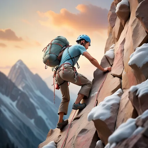 Prompt: Create an inspiring image of an individual climbing a mountain with great effort. Despite numerous figures trying to pull them down, the person continues their ascent. Use soft, calming colors for the scene. Each figure pulling the climber down should represent a different social issue. The overall image should convey a sense of tranquility and perseverance to the viewer.