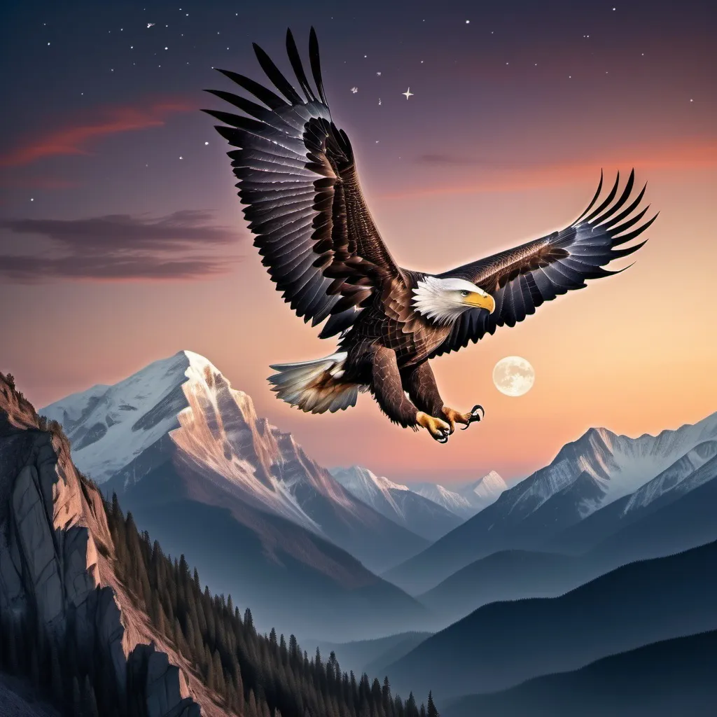 Prompt: A beautiful majestic Eagle soaring into the sky at dawn with mountains below while the moon and a star still shine