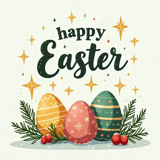 Prompt: a playful "happy Easter" graphic incorporating Christmas and Easter and some religion, with some winter greens