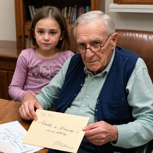 Prompt: Looking over an older man's shoulder. All We see are his hands in his lap, holding an envelope the size of a birthday card. Uncle Frank is written on the envelope in the penmanship of a 10 year old girl.