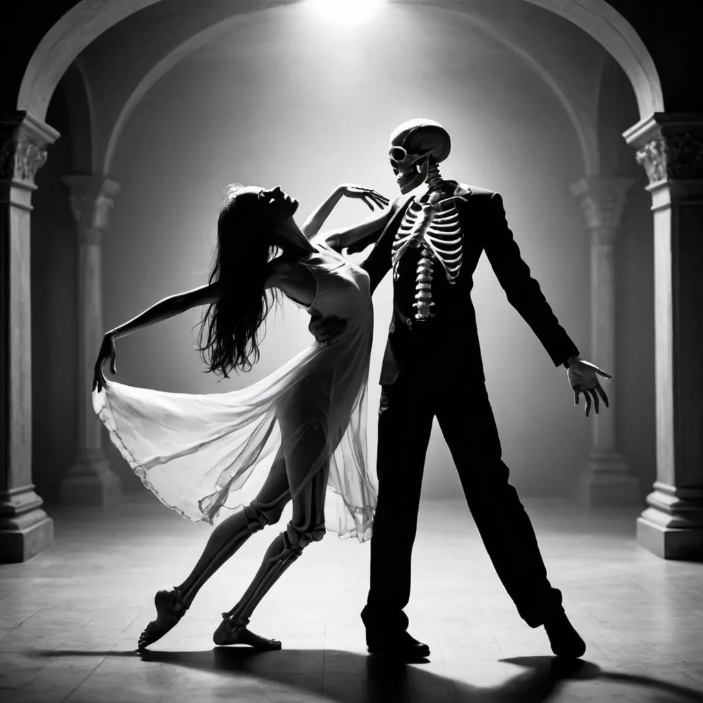 Prompt: There is a beautiful  and peaceful place between death and live that 2 person is dancing with each other 
A man wich is perfectly alive and has a body and he is very feeling being alive
The girl is dead and she has an skeleten body and she happily feels the death