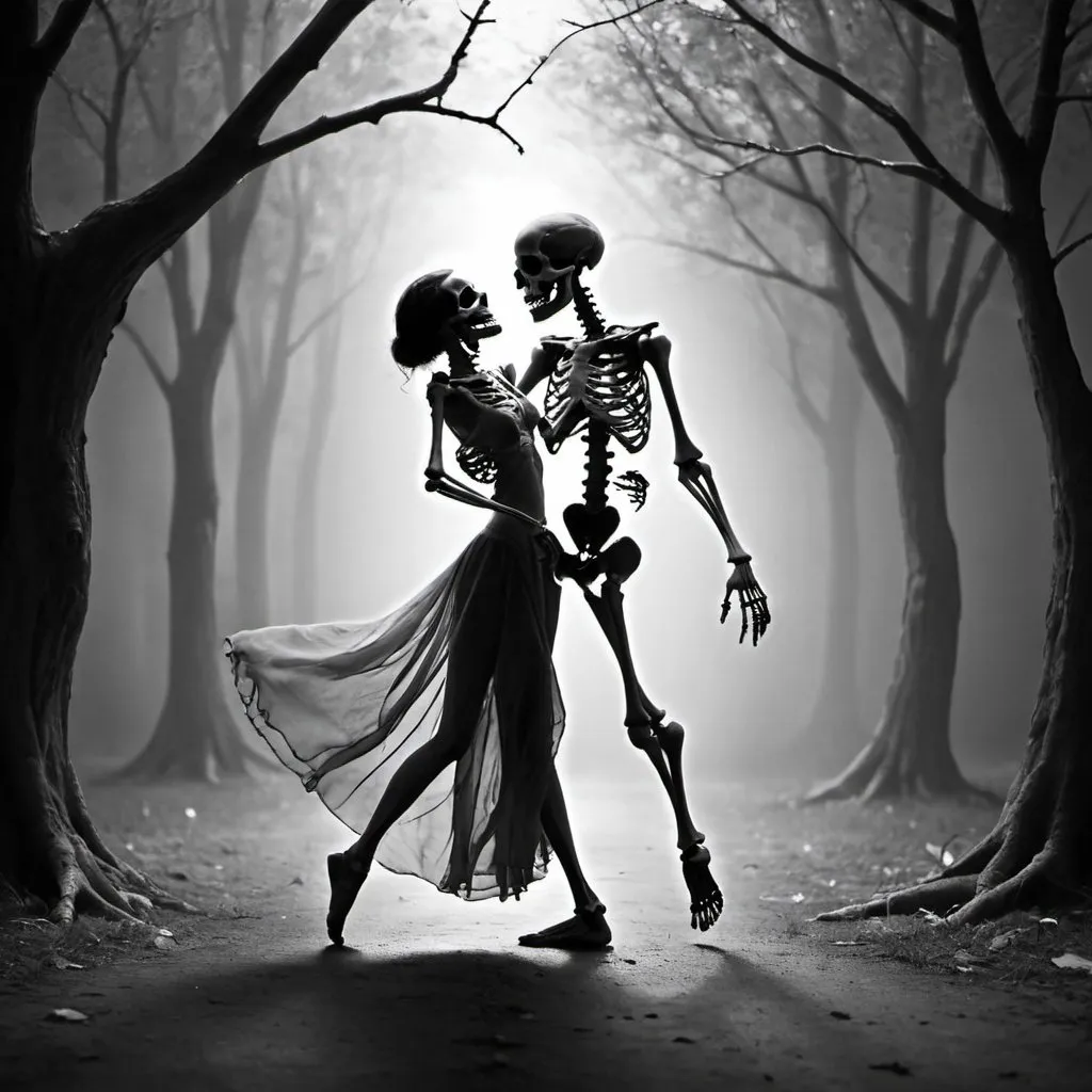 Prompt: There is a beautiful  and peaceful place between death and live that 2 person is dancing with each other in it and one of them is a sign for being alive man and feeling life happily and the women is a skeleten wich is sign of being dead and peacfully feels the death and redemption 