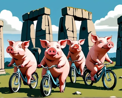 Prompt: Pigs on bicycles and stone henge, in the style of cartoon manga