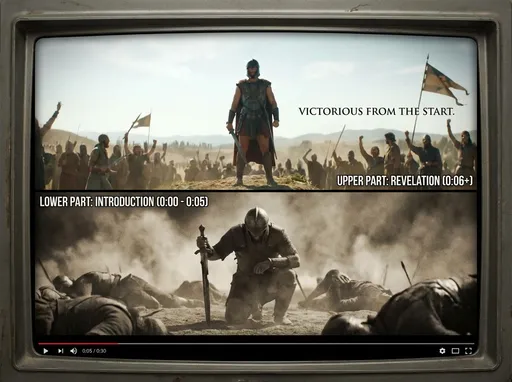 Prompt: The video features ancient and classic warriors. The lower part of the video serves as an introduction to the upper part, which will appear after five seconds, for example. The lower part shows a defeated warrior, but the upper part reveals that he was victorious from the beginning, something we only see after the upper part appears.