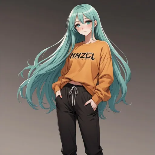 Prompt: hot anime girl with long cyan hair and hazel eyes with hazel eyelashes, wearing an amber-colored crewneck with black cozy pants. (full body) (angle view) 
