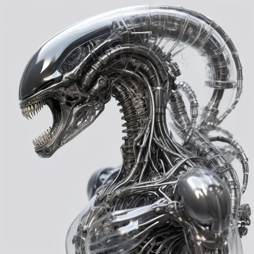 Prompt: transparent cybernetic xenomorph with metal parts and smoke