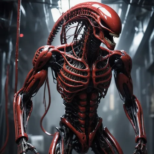 Prompt: cyber xenomorph terminator hybrid, blood and wires spraying everywhere