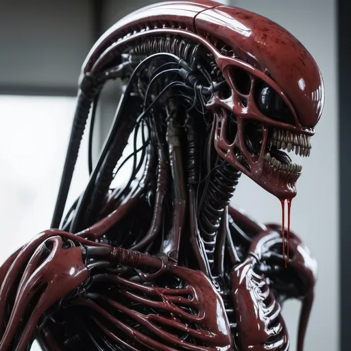 Prompt: cyber xenomorph terminator hybrid, blood and wires spraying everywhere
