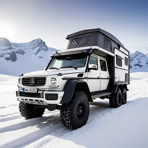 Prompt: car 6x6 mercedes pickup with a camper in the snow