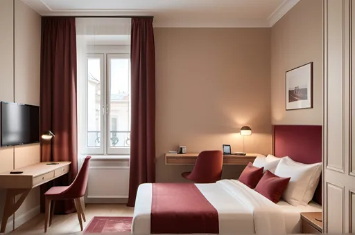 Prompt: luxury modern hotel room, photorealism, small bedroom, modern furniture, warm ambiance, classy hotel, hanging photo of old Vienna, single bed, 1 window, TV in wall, 2 lights, white ceiling, light beige walls, modern luxury feel, warm lighting, high quality, detailed, serene atmosphere, small bordeaux color details, 2 point perspective from corner