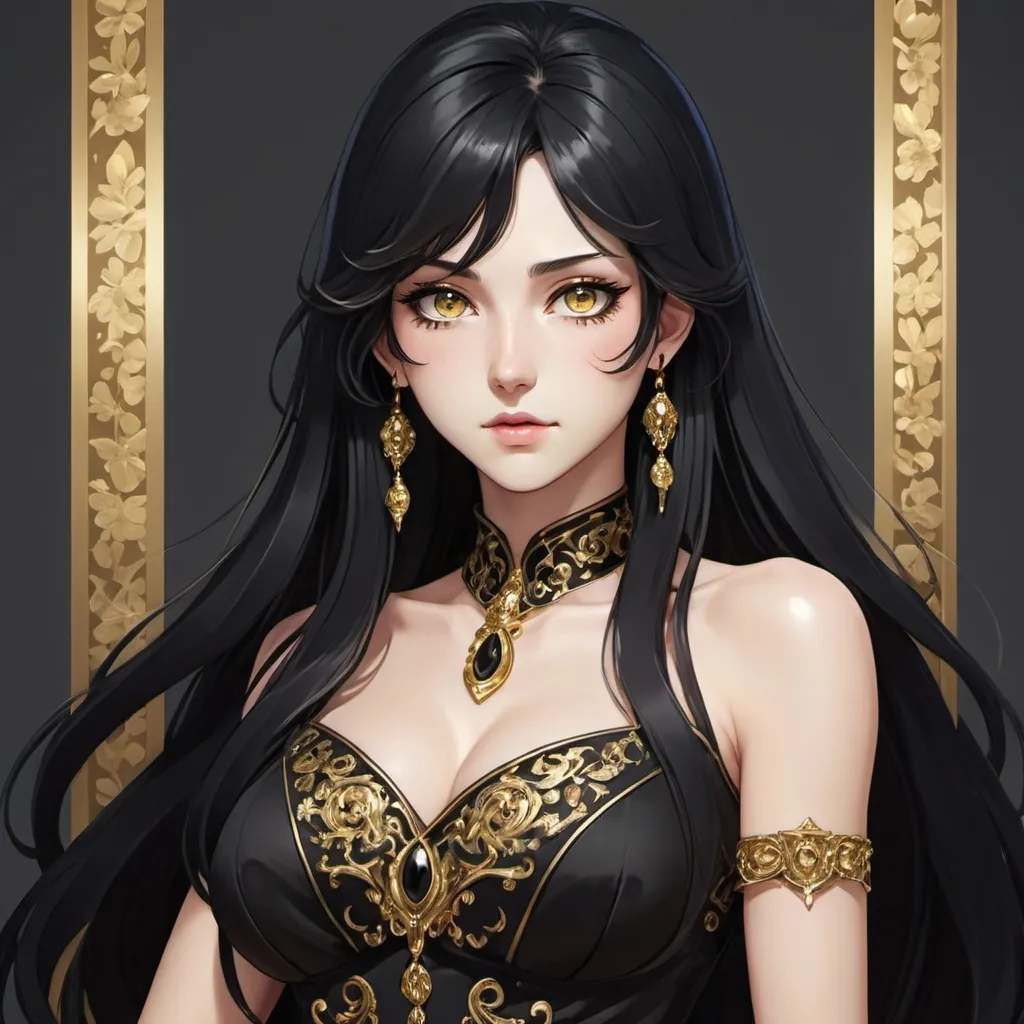 Prompt: Create an anime styled image. Mother with long black hair and golden slit-shaped pupils She has a black dress with gold adornments. Full body view