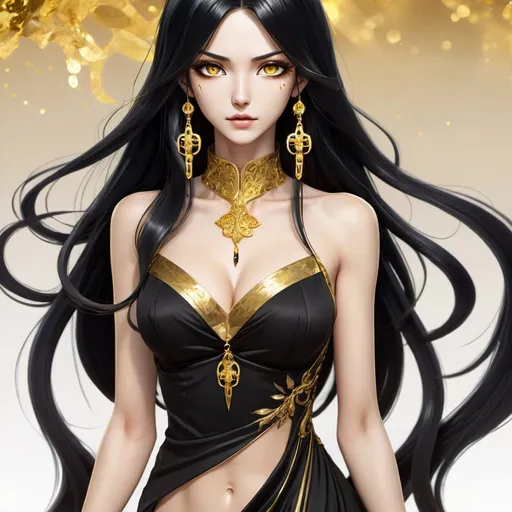 Prompt: Create an anime styled image. Mother with long black hair and golden slit-shaped pupils She has a black dress with gold adornments. Full body view