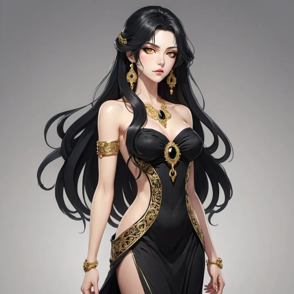 Prompt: Create an anime styled image. Mother with long black hair and golden slit-shaped pupils She has a black dress with gold adornments and onyx jewelry. Full body view