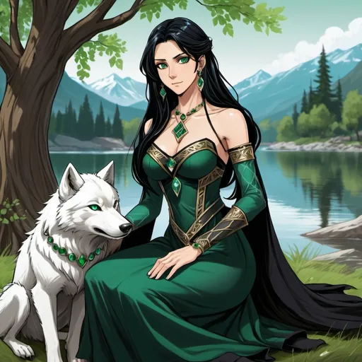 Prompt: longshot, webtoon image, slender but well toned mother. She has long black hair that goes down to her waist. Her hair covers one side of her face. She has emerald colored eyes and earrings.

She is wearing a medieval fantasy styled black dress with emeralds laced into the fabric. The dress reveals her stomach and outer thighs. She is also wearing emerald bracelets.  

The woman is sitting next to a tree that is by the lake. She is petting a pure white wolf cub.

Character portrait 
