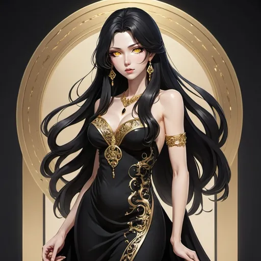 Prompt: Create an anime styled image. Mother with long black hair and golden slit-shaped pupils She has a black dress with gold adornments and onyx jewelry. Full body view