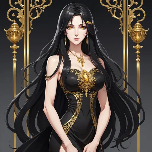 Prompt: Create an anime styled image. Mother with long black hair and golden slit-shaped pupils She has a black dress with gold adornments. Full body view