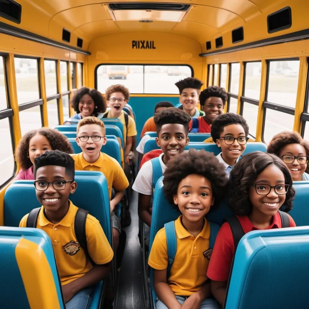 Prompt: color picture of black students inside of school bus pixar style