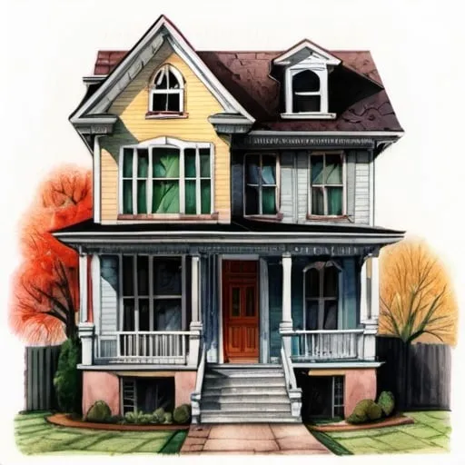 Prompt: two story house spreadsheet, illustration, colored pencils, gouache, watercolor, grim, inricate details, hyperdetailed, 2d, 4k