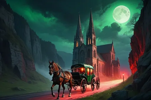 Prompt: escaping gothic church in a carriage with a horse, in a hurry, precipitous cliff, wavy road, night, red and green glow, vibrant, grim, hystorical, intricate details, hyperdetailed, 4k, painting, trending on artstation