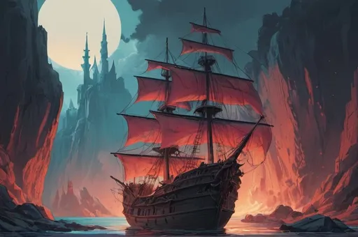 Prompt: wooden ship, minarets, precipitous cliff,  comics, flat colors, illustration, gouache, watercolor, pale palette, vibrant, smoke, red and blue glow, ink, inricate details, hyperdetailed, 2d, 8k