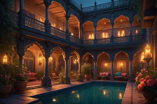 Prompt: secret society, traveling Persia or India, balcony, garden, pool, mansion,  candles, night simbols, flowers, vibrant, grim, romantic, hystorical, intricate details, hyperdetailed, 4k, painting, trending on artstation, cinematic, wide shot