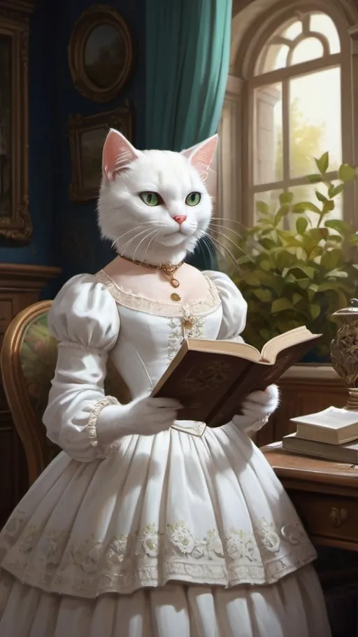 Prompt: 1 white cat dressed gentry in a dress, 1800, reading a book, traveling France, tree, mansion, vibrant, grim, romantic, hystorical, intricate details, hyperdetailed, 4k, painting, trending on artstation