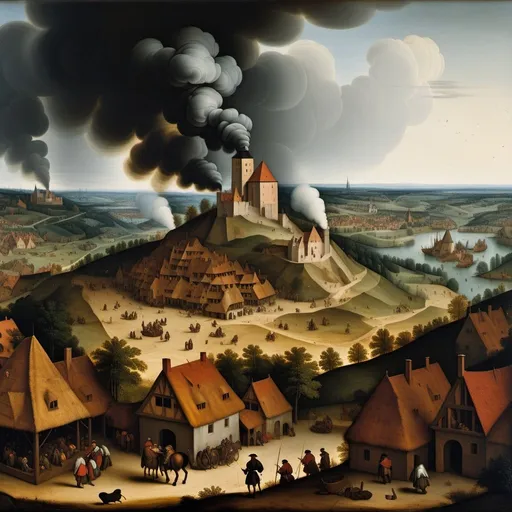 Prompt: Pieter Bruegel the Elder, oil painting, landscape from afar, no outline, piramids, whimsical, grim, smoke, distorted, dim brazen shadows, UHD, Award Winning, Trending on Artstation