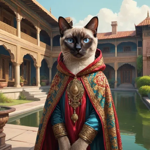 Prompt: siamese cat and dressed in cloak,  secret society, traveling Persia or India, lake, mansion, gardem,  vibrant, grim, romantic, hystorical, intricate details, hyperdetailed, 4k, painting, trending on artstation