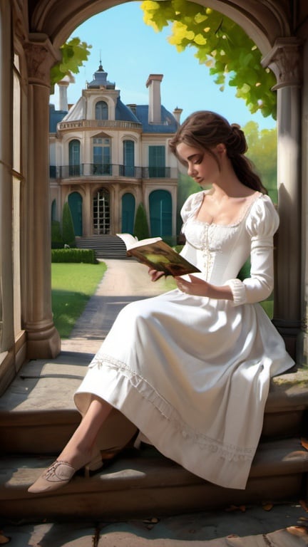 Prompt: 1 white dressed gentry dress, 1800, reading a book, traveling France, tree, mansion, vibrant, grim, romantic, hystorical, intricate details, hyperdetailed, 4k, painting, trending on artstation