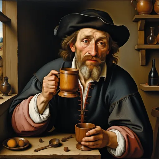 Prompt: Pieter Bruegel the Elder, oil painting, portrait of a drunk man with a wooden cup, no outline,  grim, intricate details, dim brazen shadows, UHD, Award Winning, Trending on Artstation