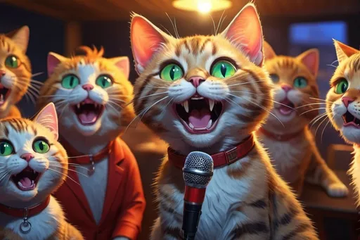 Prompt: cat singing in karaoke with friends, vibrant, intricate details, hyperdetailed, 4k, painting, trending on artstation